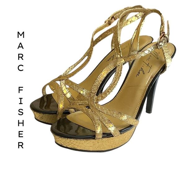 Marc Fisher Sandal SZ 8.5 Women Gold Belia Ankle Strap Stiletto Heel Snakeskin - Picture 1 of 15